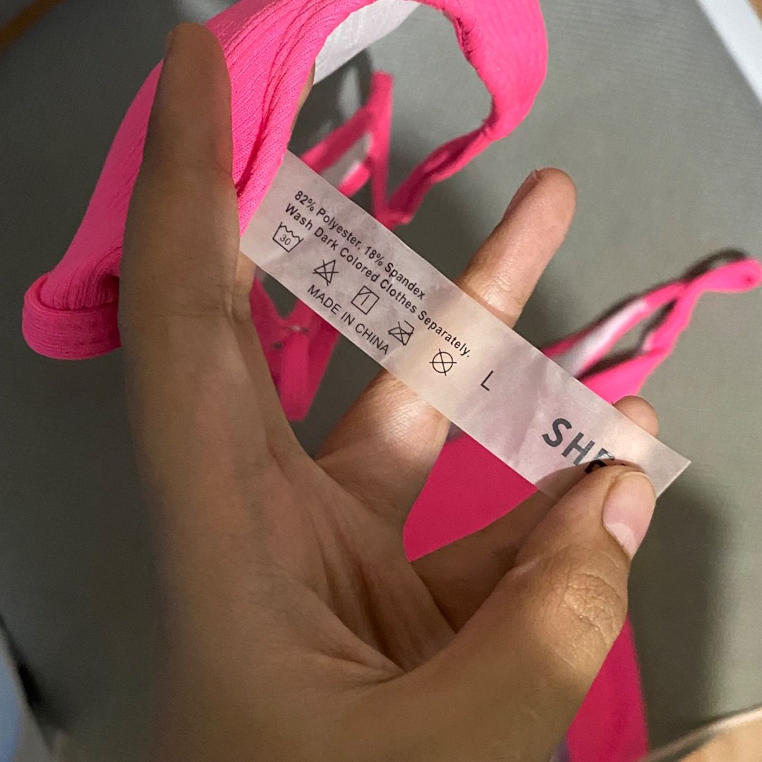 SHEIN Neon Pink Ribbed Triangle Bikini (Category: Bikinis & Swimsuits) located in Antipolo. Submitted by annedeclutterss (Listing ID 1465893106, Image 3). Description: - Brand: SHEIN - Color: Bright neon pink - Size: Large on tag but fits m-l.