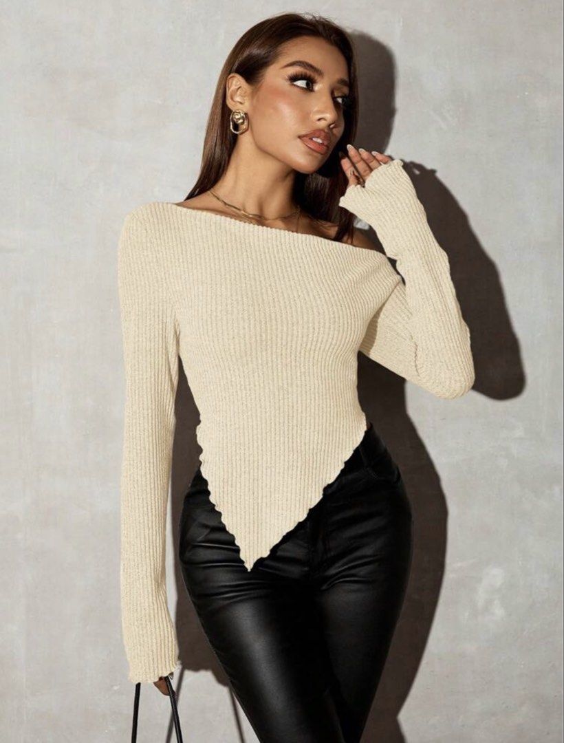 [SHEIN] Rib-knit asymmetric top (Category: Blouses) located in Manila. Submitted by serene_horse (Listing ID 1465911254, Image 1). Description: - Used once only for an occasion - 📍Manila Loc - Can do JNT and Lalamove - Size MEDIUM - Can send when worn thru PM :> - Size MEDIUM.