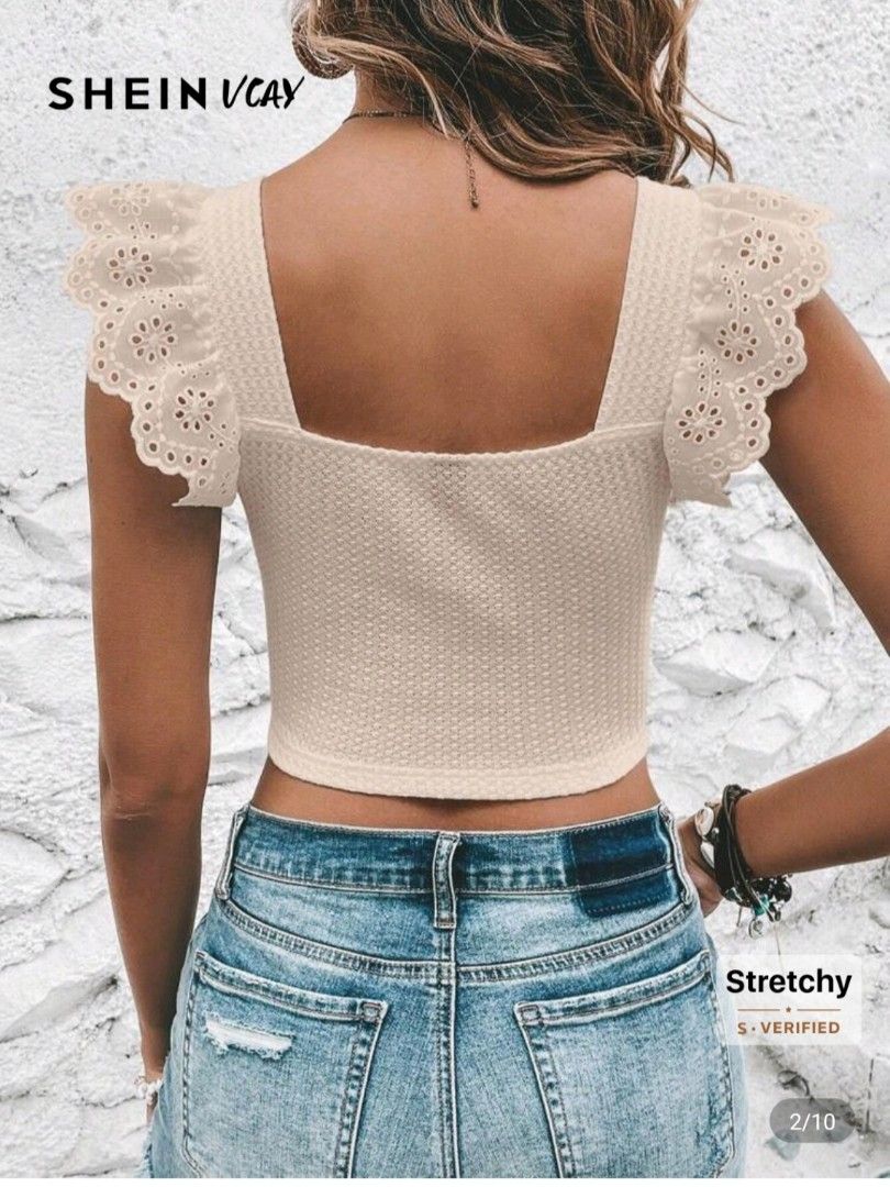 SHEIN VCAY Beige Eyelet Ruffle Strap Crop Top (Category: Sleeveless) located in San Mateo. Submitted by shop_with_nicer (Listing ID 1465882248, Image 2). Description: - Brand: SHEIN VCAY - Size: Small (verified on tag) - Condition: Never worn out / Brand new - Color: Beige - Style: Fitted crop top with square neckline (front and back) - Details: Cute eyelet embroidery ruffle sleeves and textured, stretchy fabric - Perfect for: Summer outfits pair