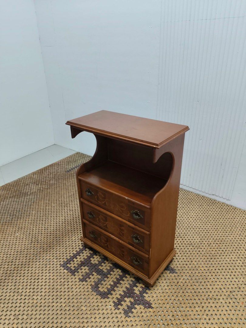 Side Cabinet (Category: Shelves, Cabinets & Racks) located in Quezon City. Submitted by matetdevis13 (Listing ID 1465952007, Image 3). Description: Vintage Wooden 3-Drawer Chest with Open Display Shelf Price: 4,200 L23 x W12 x H35.5 In good condition Code MJS16-RP17.