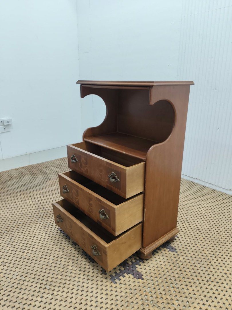 Side Cabinet (Category: Shelves, Cabinets & Racks) located in Quezon City. Submitted by matetdevis13 (Listing ID 1465952007, Image 2). Description: Vintage Wooden 3-Drawer Chest with Open Display Shelf Price: 4,200 L23 x W12 x H35.5 In good condition Code MJS16-RP17.