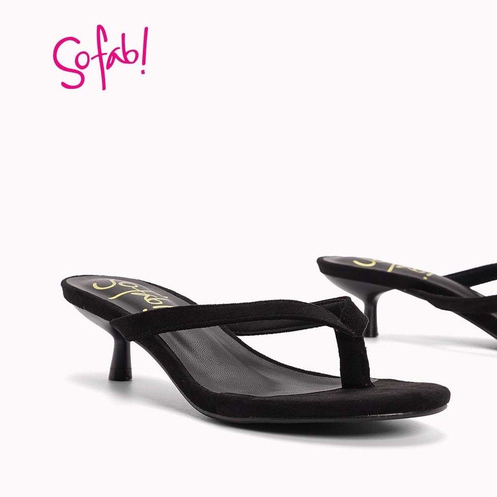 Sofab! Black Kitten Heel Thong Sandals (Category: Flats & Sandals) located in Taguig. Submitted by cftbncs (Listing ID 1465914917, Image 3). Description: - Brand: Sofab! - Style: Kitten heel thong sandals with slip-on design - Material: Black suede-look finish - Details: Gold brand logo on insole, clean strap silhouette - Condition: Fresh and untouched, ready to wear - Versatility: Perfect for casual outings or evening wear.