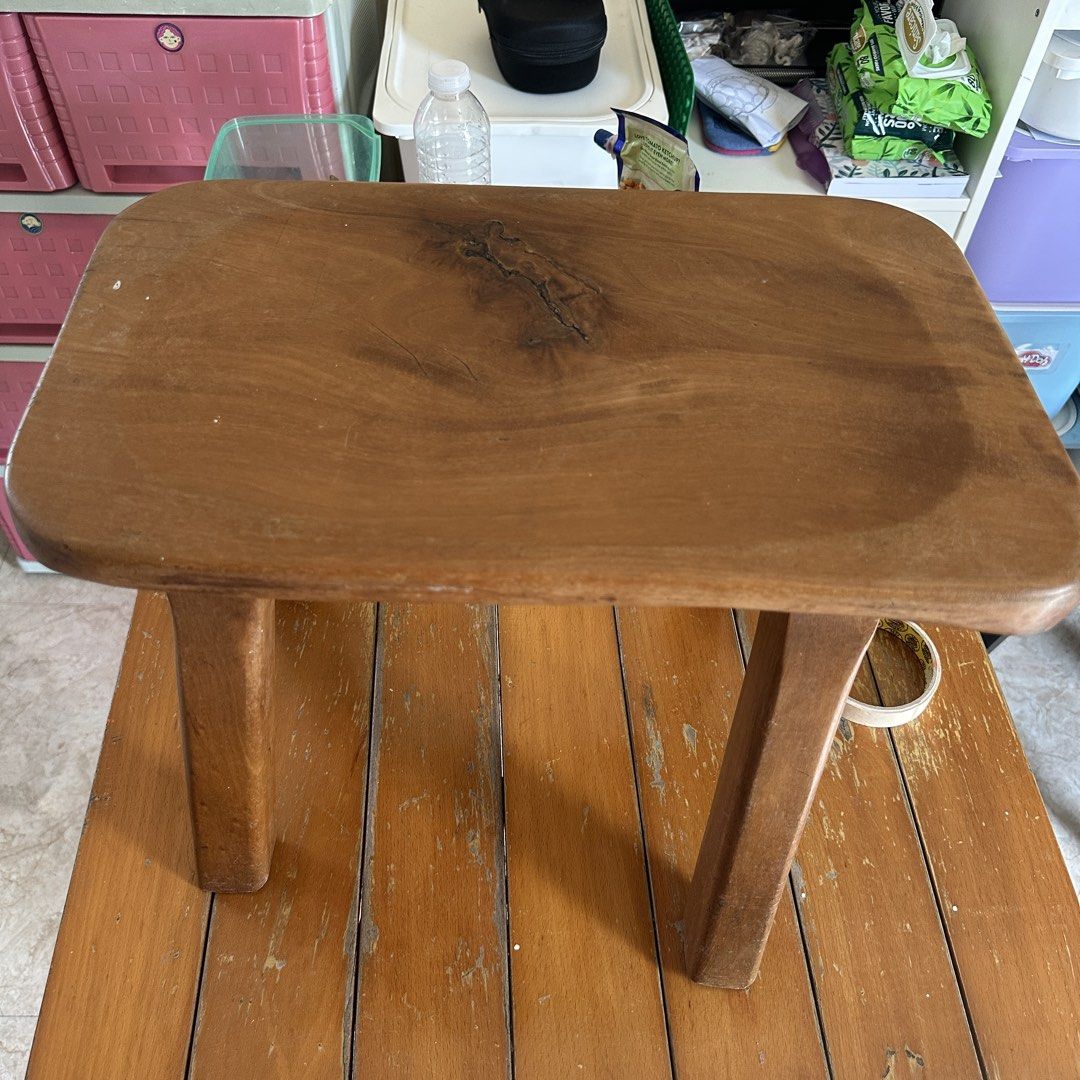 Solid wood small stool short natural (Category: Chairs) located in Kawit. Submitted by wevibevintage (Listing ID 1465784828, Image 2). Description: Wood stool - length 16.5” height 12” ₱1500 Issue. May wobble sya.needs fixing lang.