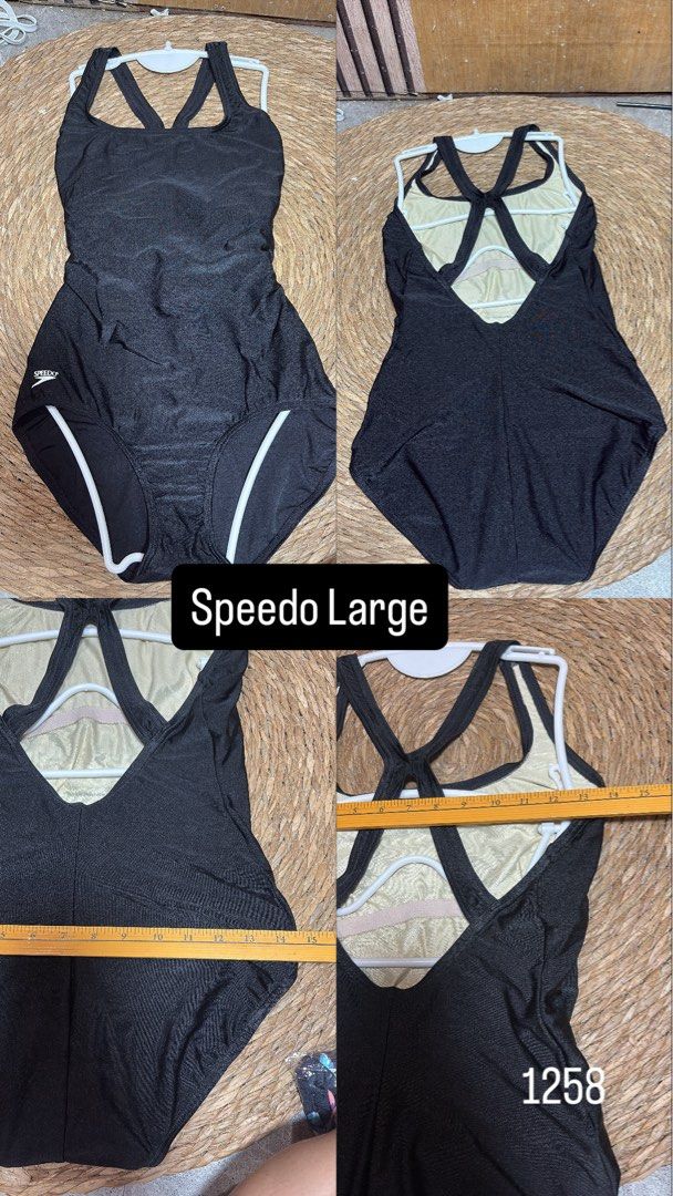 Speedo Black One Piece Swimsuit Size Large (Category: Bikinis & Swimsuits) located in Malabon City. Submitted by lheithriftshop (Listing ID 1465920951, Image 2). Description: - Brand: Speedo - Style: One-piece swimsuit with racerback straps - Color: Classic black - Size: Large - Features: Fully lined interior for comfort, secure support, and clear branding on the hip - Ideal for: Swimming laps or beach days - Note: Measurements are provided in th