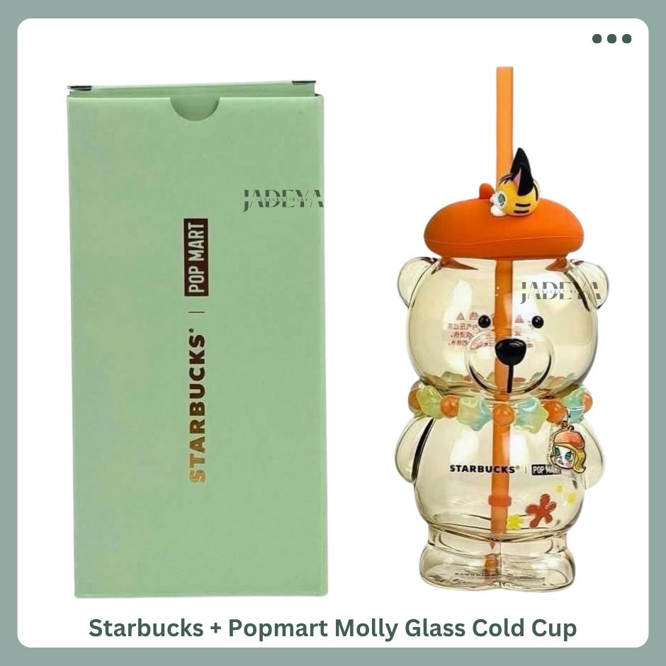 Starbucks + Popmart Molly Glass Cold Cup (Category: Water Bottles & Tumblers) located in Mandaluyong City. Submitted by j4d3y4.collectibles (Listing ID 1465925047, Image 3). Description: Authentic/original Starbucks Glass Cold Cup from Starbucks + Popmart Molly Collection. > Limited Edition item > Comes with reusable straw > Cute bear shape glass cold cup with lid > Heat resistant borosilicate glass Care & Usage > Hand wash only > Do not microwav