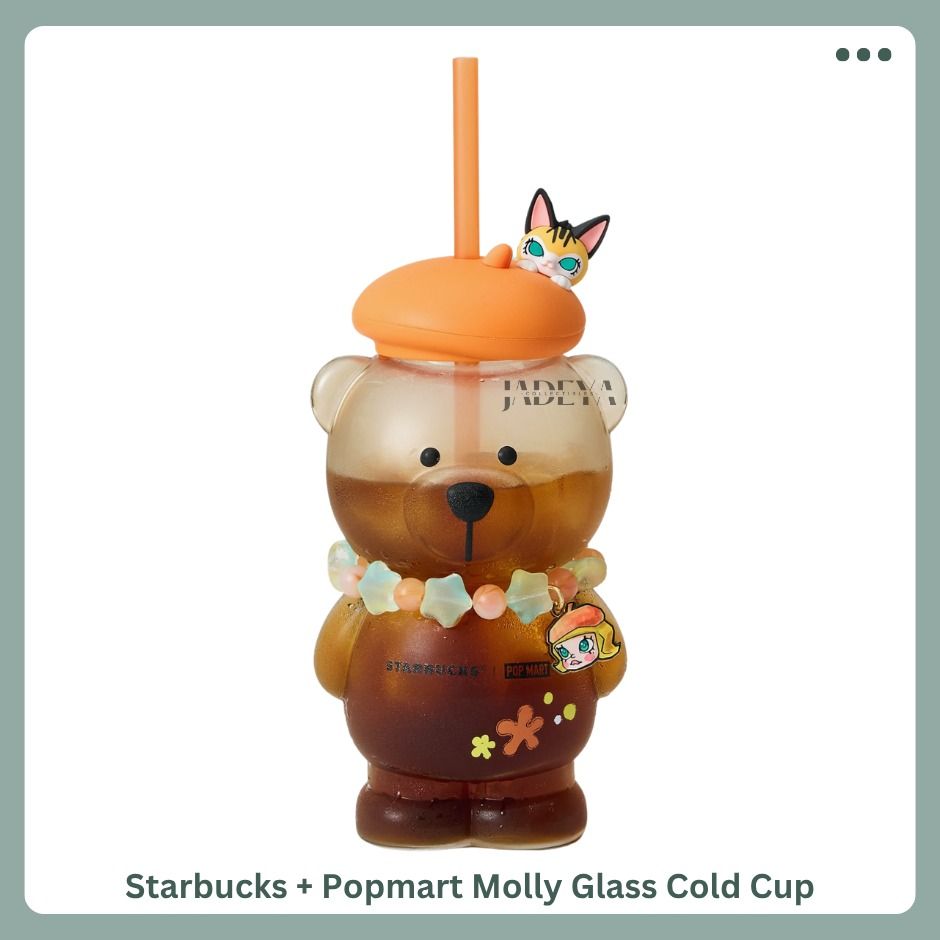 Starbucks + Popmart Molly Glass Cold Cup (Category: Water Bottles & Tumblers) located in Mandaluyong City. Submitted by j4d3y4.collectibles (Listing ID 1465925047, Image 2). Description: Authentic/original Starbucks Glass Cold Cup from Starbucks + Popmart Molly Collection. > Limited Edition item > Comes with reusable straw > Cute bear shape glass cold cup with lid > Heat resistant borosilicate glass Care & Usage > Hand wash only > Do not microwav