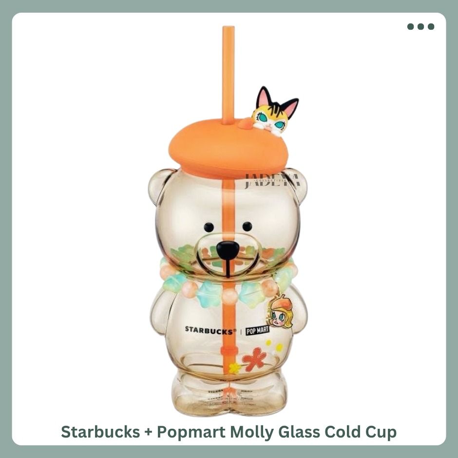 Starbucks + Popmart Molly Glass Cold Cup (Category: Water Bottles & Tumblers) located in Mandaluyong City. Submitted by j4d3y4.collectibles (Listing ID 1465925047, Image 1). Description: Authentic/original Starbucks Glass Cold Cup from Starbucks + Popmart Molly Collection. > Limited Edition item > Comes with reusable straw > Cute bear shape glass cold cup with lid > Heat resistant borosilicate glass Care & Usage > Hand wash only > Do not microwav