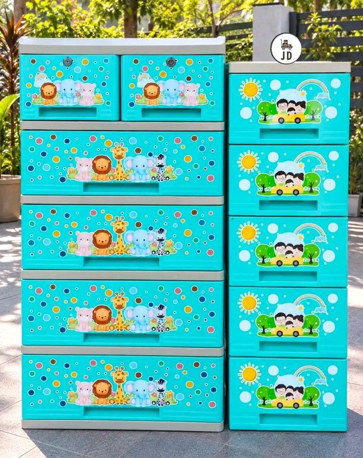 Starlite/Bambi 5L set (Category: Shelves, Cabinets & Racks) located in Manila. Submitted by berdenmarl01688 (Listing ID 1465821510, Image 3). Description: - Adorable Kids Storage Set: Includes a multi-tier animal print cabinet (lion, elephant, giraffe, zebra) and a matching 5-tier tower with car graphics. - Secure & Safe: Top two drawers come with built-in locks for extra privacy and security. - Spacious & Versatile: Perfect for organizing toys, 