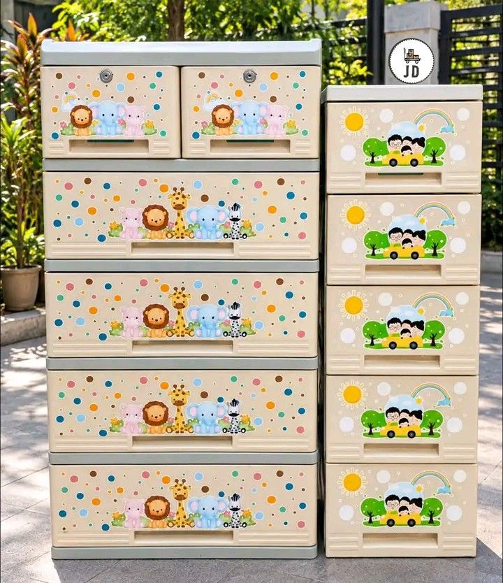 Starlite/Bambi 5L set (Category: Shelves, Cabinets & Racks) located in Manila. Submitted by berdenmarl01688 (Listing ID 1465821510, Image 2). Description: - Adorable Kids Storage Set: Includes a multi-tier animal print cabinet (lion, elephant, giraffe, zebra) and a matching 5-tier tower with car graphics. - Secure & Safe: Top two drawers come with built-in locks for extra privacy and security. - Spacious & Versatile: Perfect for organizing toys, 