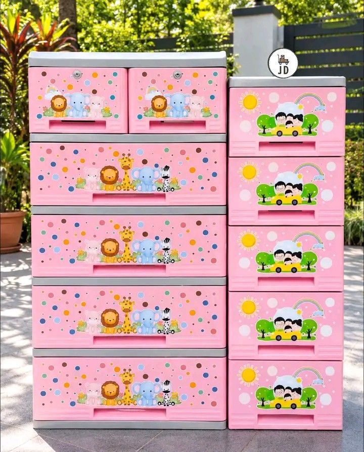 Starlite/Bambi 5L set (Category: Shelves, Cabinets & Racks) located in Manila. Submitted by berdenmarl01688 (Listing ID 1465821510, Image 1). Description: - Adorable Kids Storage Set: Includes a multi-tier animal print cabinet (lion, elephant, giraffe, zebra) and a matching 5-tier tower with car graphics. - Secure & Safe: Top two drawers come with built-in locks for extra privacy and security. - Spacious & Versatile: Perfect for organizing toys, 