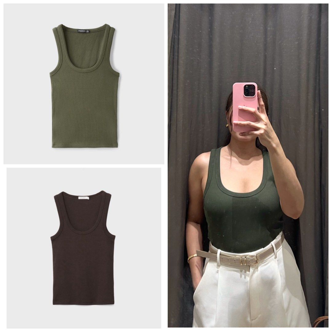 ♦️ONHAND♦️ Stradivarius Cotton Ribbed Top (Category: Sleeveless) located in Manila. Submitted by charmscollections (Listing ID 1465906610, Image 1). Description: Brand New with Tag and Ready to Ship 💯% Authentic Actual when worn medium size Color : Brown , Green MOP - GCash•BPI•UB .