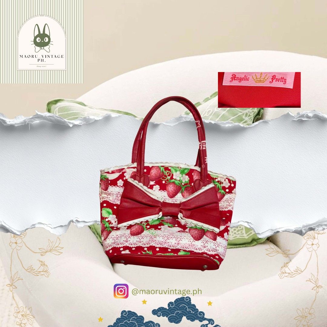 strawberry-patterned "Angelic Pretty" handbag (Category: Purses & Pouches) located in Koronadal. Submitted by maoruvintageph (Listing ID 1465950137, Image 1). Description: Hi this is Mauro 🛍️, how may I assist you today? 🔖 Import item 📦✈️ strawberry-patterned "Angelic Pretty" handbag Material: Leather DM me for order.