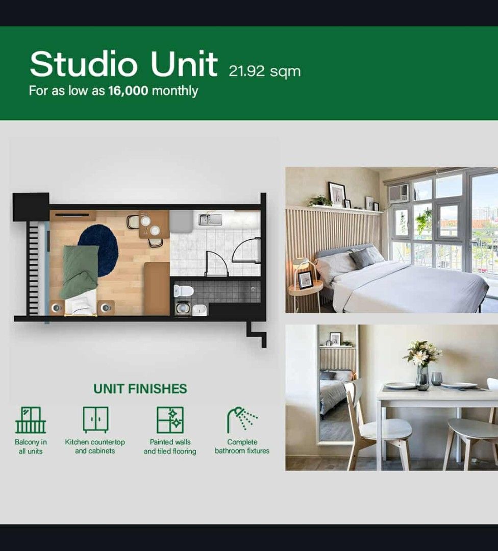 Studio Unit at Milan Residenze Fairview (Category: Apartments & Condos) located in Caloocan City. Submitted by serge01 (Listing ID 1465762770, Image 1). Description: - Ready for occupancy studio unit at Milan Residenze Fairview - Floor area: 21.92 sqm with balcony - Fully finished: painted walls, tiled flooring, kitchen countertop & cabinets, and complete bathroom fixtures - Prime location: near SM City Fairview, Fairview Terraces, Landers Supers