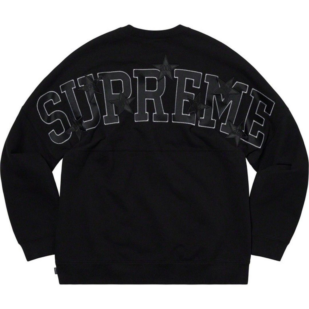 Supreme Arc Logo Crewneck Black Medium (Category: Coats, Jackets and Outerwear) located in Malabon City. Submitted by klyde-everyday-wear (Listing ID 1465910175, Image 1). Description: - Brand: Supreme - Item: Arc Logo Crewneck Sweatshirt - Color: Black - Size: Medium (true to size) - Material: Heavy cotton fleece (Made in Canada) - Details: Bold collegiate lettering and star graphics on upper back, ribbed collar, cuffs, and hem - Condition: Clea