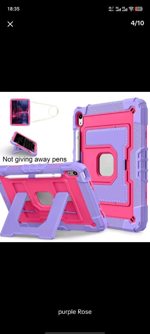 TABLES CASE FOR IPAD 11 A16 (Category: Cases & Sleeves) located in Angeles City. Submitted by measaliman02351 (Listing ID 1465917437, Image 2). Description: - Compatible with iPad 11 A16 - Color: Purple Rose (Pink and Purple) - Military-grade drop protection design - Built-in sturdy kickstand for easy viewing and typing - Includes adjustable shoulder strap and installation tools - Durable heavy-duty build to safeguard against daily wear and tear.