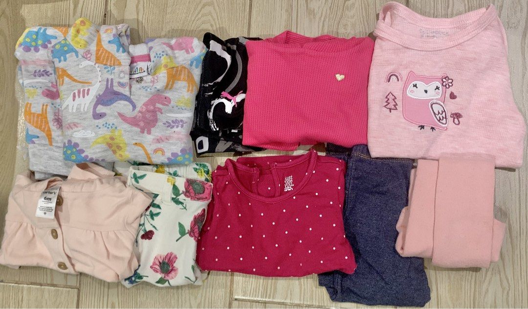 Take all for 850 Branded clothes for babies (Category: Babies & Kids Fashion) located in Pasig City. Submitted by littleryenstreasures (Listing ID 1465784499, Image 1). Description: - Size: 9 Months - Brands: Carter's, Kids Headquarters, and more - Includes: Pink owl top, dinosaur hoodie & pants set, polka dot tunic with denim pants, plus assorted pieces - Material: Soft and comfortable fabrics - Ideal for: Everyday wear and easy mix-and-match da