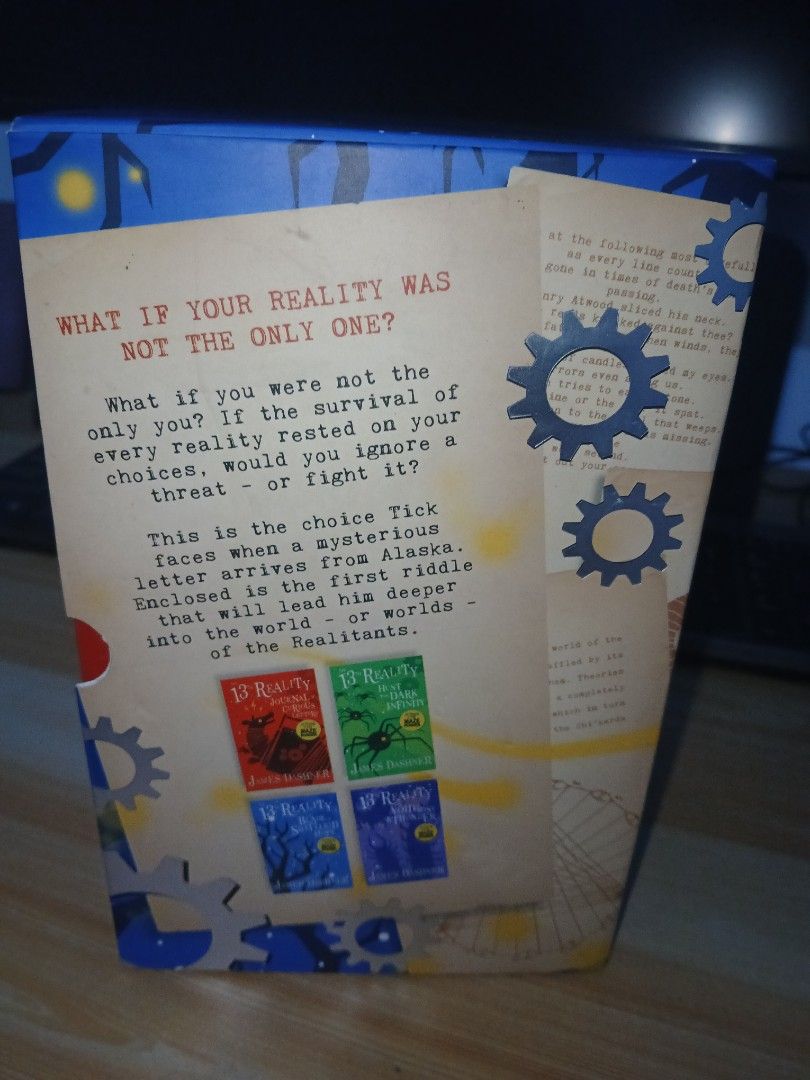 The 13th Reality 4 Book Box Set by James Dashner (Category: Storybooks) located in San Fernando. Submitted by lorien14 (Listing ID 1465886800, Image 3). Description: - Complete 4-book box set: The 13th Reality series by James Dashner (author of The Maze Runner) - Includes: Journal of Curious Letters, Hunt for Dark Infinity, Blade of Shattered Hope, and Void of Mist and Thunder - Packaging: Comes in the original slipcase box - Condition: Yellowing
