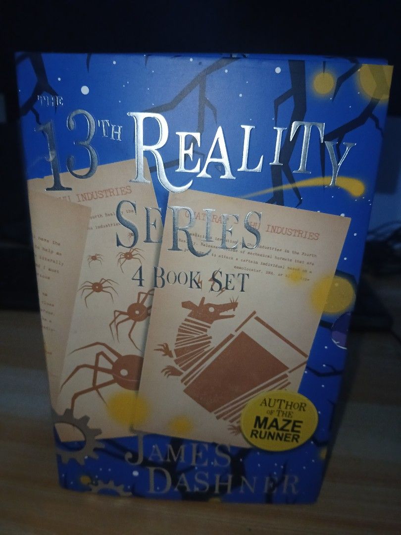 The 13th Reality 4 Book Box Set by James Dashner (Category: Storybooks) located in San Fernando. Submitted by lorien14 (Listing ID 1465886800, Image 1). Description: - Complete 4-book box set: The 13th Reality series by James Dashner (author of The Maze Runner) - Includes: Journal of Curious Letters, Hunt for Dark Infinity, Blade of Shattered Hope, and Void of Mist and Thunder - Packaging: Comes in the original slipcase box - Condition: Yellowing