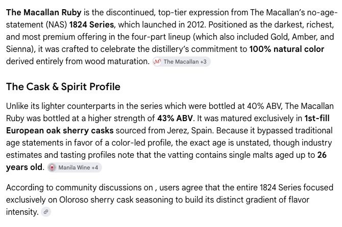 The Macallan - Ruby 1824 Series (Category: Beverages) located in Makati City. Submitted by mbrtom (Listing ID 1464219437, Image 3). Description: Authentic. Only one bottle in collection. For the safety of both buyer and seller, payment via BPI QR (Instapay) only. This can also be uploaded and paid via GCash. No cash payments please. Thank you!.