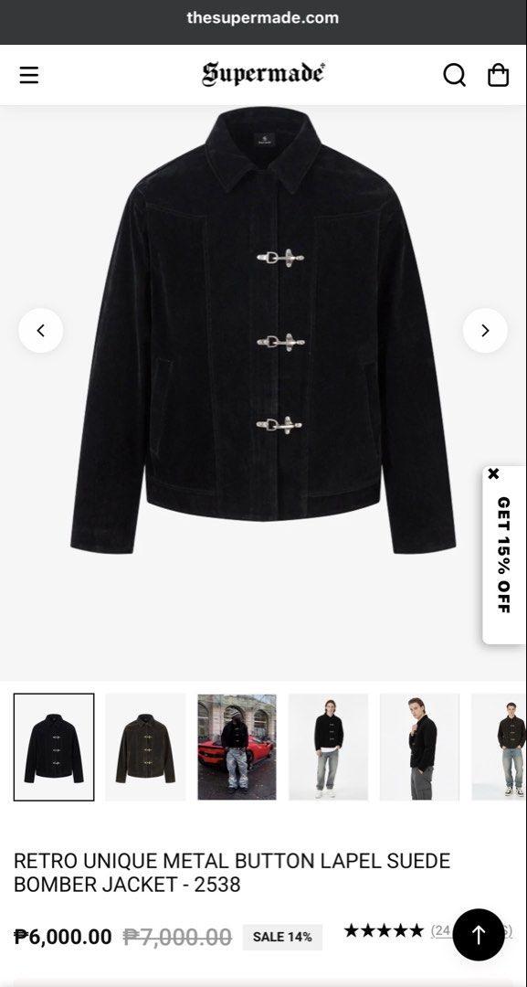 THE SUPERMADE RETRO CLASP METAL BUTTON LAPEL SUEDE BOMBER JACKET (Category: Coats, Jackets and Outerwear) located in Manila. Submitted by 777_moonlight (Listing ID 1465780610, Image 1). Description: never been used nor tried :) .