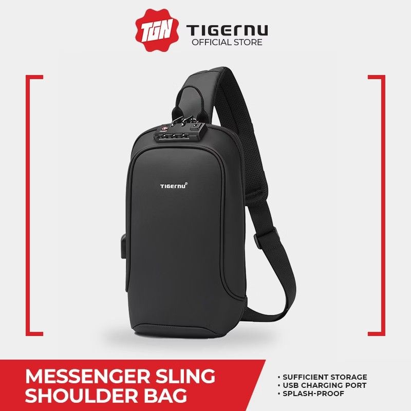 Tigernu Messenger Sling Shoulder Bag (Category: Sling Bags) located in Caloocan City. Submitted by marces (Listing ID 1465856239, Image 1). Description: - Brand: Tigernu - Color: Classic Black - Built-in USB charging port with internal cable included - Integrated anti-theft TSA combination lock for main zipper - Spacious main compartment with multiple organizational slip pockets - Comfortable adjustable padded shoulder strap - Durable splash-proo