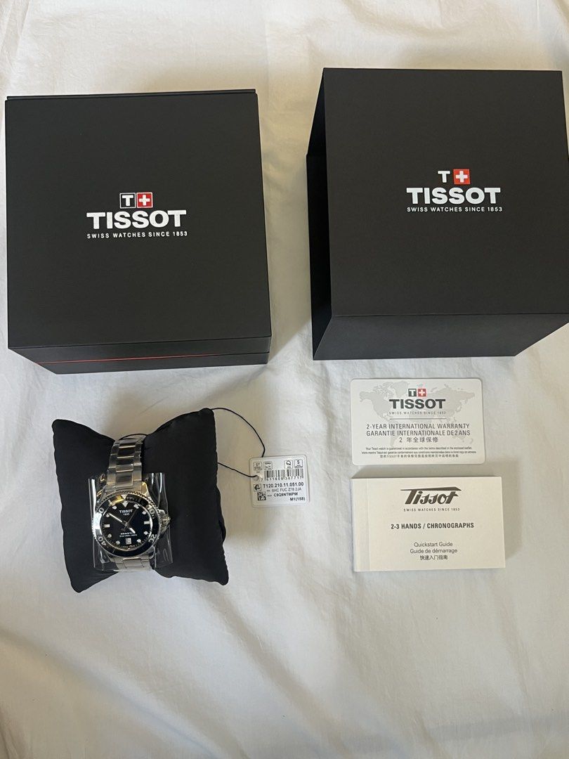 Tissot Seastar 36mm Quartz Full Set (Category: Luxury Watches) located in Cebu City. Submitted by msgm55 (Listing ID 1465877380, Image 2). Description: Brand new, never worn. Tissot Seastar 1000 36mm in black dial with a stainless steel bracelet. Still has the plastic wrap and hang tag on. Retail Price: ₱30,700 Specs: • Model: T120.210.11.051.00 • 36mm case, black dial and black rotating bezel • Swiss quartz movement • Date window at 6 o'clock • 