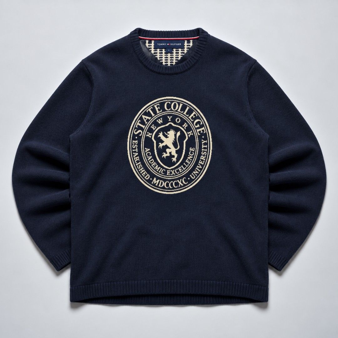 Tommy Hilfiger “State College” Crest Crewneck (Category: Coats, Jackets and Outerwear) located in San Pablo. Submitted by refitsph (Listing ID 1465826264, Image 1). Description: - Width: 20.5 - Length: 30.5 - Legit / Authentic - Flawless - Already Washed and Ready to Wear.