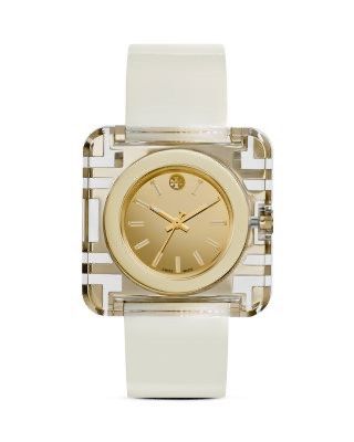 Tory Burch Izzie Square Watch 36MM (Category: Women's Watches) located in Baguio. Submitted by fndrskprskid (Listing ID 1465911695, Image 1). Description: - Brand: Tory Burch - Model: TRB3010 (Swiss Made) - Design: Square case with unique geometric crystal overlay - Dial: Gold with iconic double T logo at 12 o'clock - Strap: Beige leather with branded buckle closure - Condition: Noticeable wear on the bezel and underside of the strap (Needs reglu