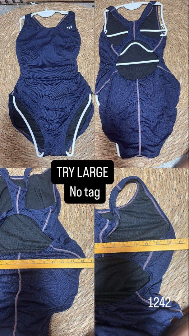 TYR Navy Blue One-Piece Swimsuit Large (Category: Bikinis & Swimsuits) located in Malabon City. Submitted by lheithriftshop (Listing ID 1465902139, Image 3). Description: - Brand: TYR - Style: One-piece swimsuit with racerback and back cutout - Color: Solid navy blue - Lining: Fully lined interior - Size: Estimated Large (size tag missing) - Measurements (flat lay): ~14 inches across chest, ~15 inches across hips - Condition: Great pre-loved cond