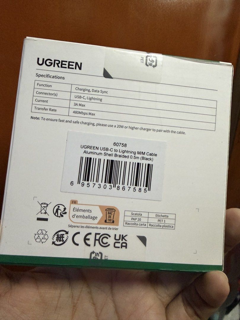 UGreen 0.5ft Cable (Lightning to Type C - SEALED) (Category: Chargers & Cables) located in Pasig City. Submitted by aprilluxcloset0812 (Listing ID 1465863435, Image 2). Description: - Brand: UGreen - Type: USB-C to Lightning PD Fast Charging Cable - Length: 0.5ft / 0.5m (Compact size) - Color: Black - Condition: Brand New, Factory Sealed - Features: 20W+ Fast Charging, High-Density Braided (Rugged & Durable), Smart Chip for safe auto-detect curre
