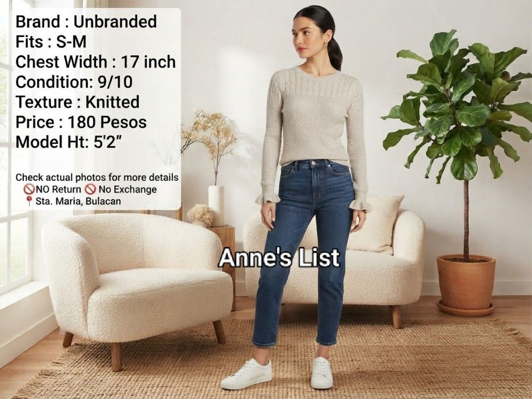 Unbranded Knitted Sweater White S-M (Category: Longsleeves) located in Santa Maria. Submitted by anne_s.list (Listing ID 1465938926, Image 2). Description: - Color: White - Style: Long sleeves with trendy ruffled cuffs, ribbed texture, and cable knit upper chest pattern - Fit: Small to medium frames (17 inches chest width) - Perfect for: Casual days, office wear, or chilly weather.