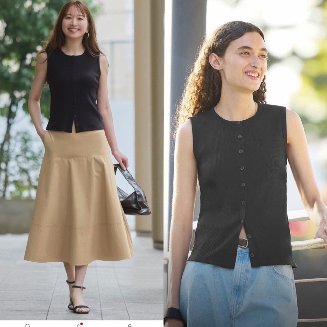 UNIQLO front open shell top (Category: Sleeveless) located in Malolos. Submitted by topicksph (Listing ID 1465867082, Image 3). Description: UNIQLO front open shell top white: S M L XL black: M Details: - Versatile crew neck for casual or refined styling. - Pair with mini skirts or shorts for a light, breezy look. Function details: - Sheer: Not Sheer(Only 00 White is slightly sheer) - Fit: Very Fitted Fabric details: 96% Cotton, 4% Spandex Guaran