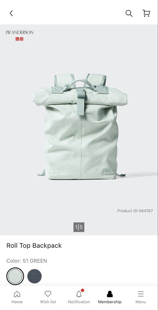Uniqlo JWA Canvas Backpack (Category: Backpacks) located in Makati City. Submitted by the.archives (Listing ID 1465856744, Image 2). Description: - Color: light teal - Material: durable/ thick canvas - Closure: Buckle securing the rolled top - Comfort: Padded shoulder straps and top carry handle - Detail: Embroidered initials 'JWA, with small pocket inside, with secret zipper on the side for easy access - Condition: Clean fabric with minimal wear