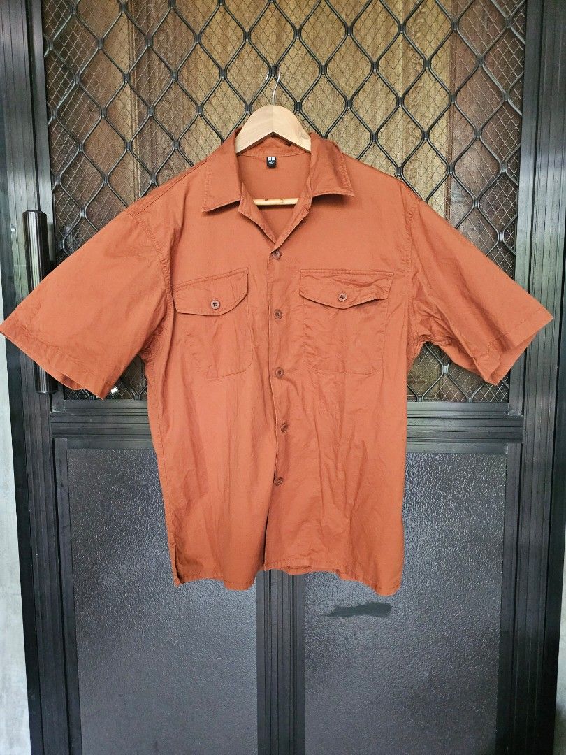 Uniqlo open collar shirt (Category: Formal Shirts) located in Pasig City. Submitted by a.ejs. (Listing ID 1465840569, Image 1). Description: Uniqlo open collar shirt Rust Medium, 23 x 28 Used, very good condition 300.