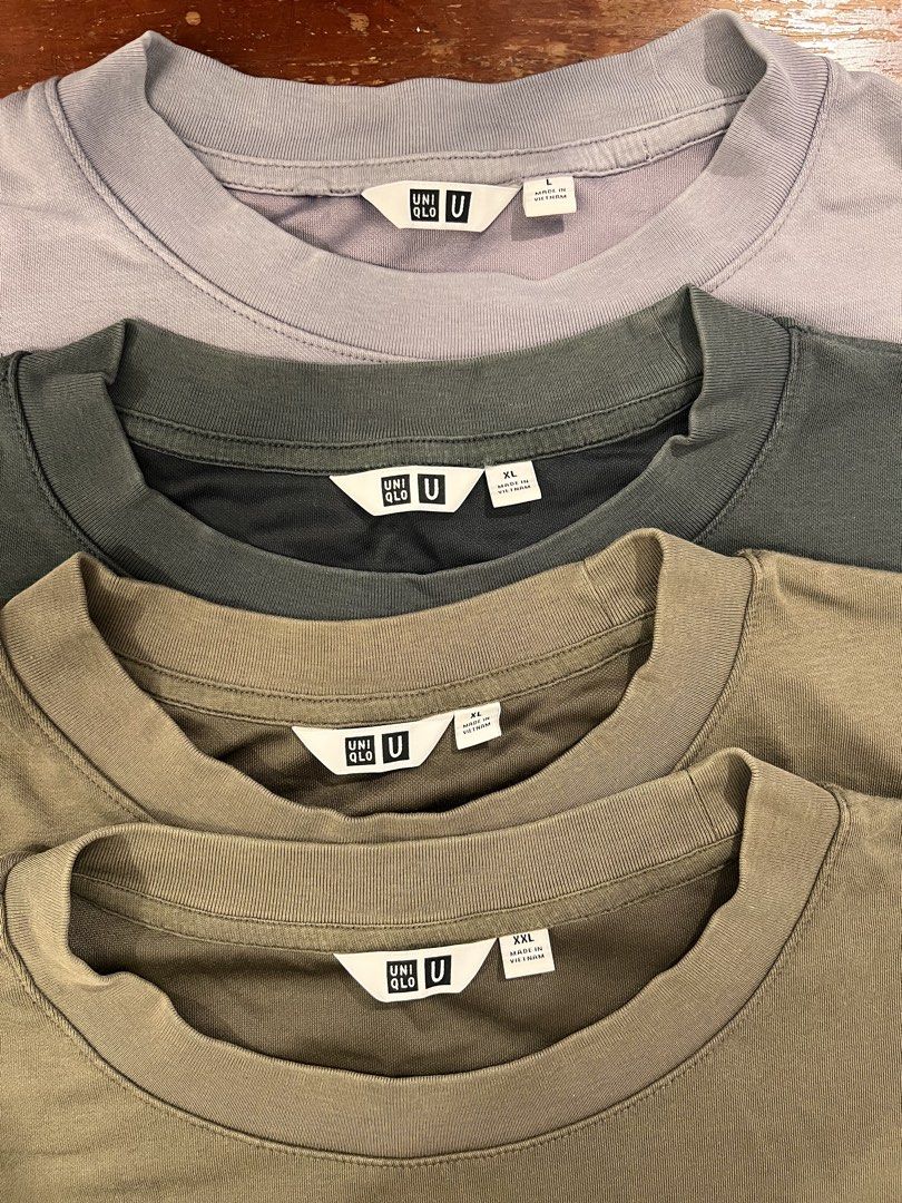 Uniqlo U Crew Neck T-Shirts Bundle (Category: Activewear) located in Iloilo. Submitted by formycats (Listing ID 1465894898, Image 1). Description: - Bundle of 4 Uniqlo U t-shirts in earthy tones - Colors & Sizes: Purple (L), Dark Green (XL), Olive Green (XL), Olive Green (XXL) - Features the classic thick collar design from the Uniqlo U line - Great everyday basics for rotation - Selling strictly as a set.