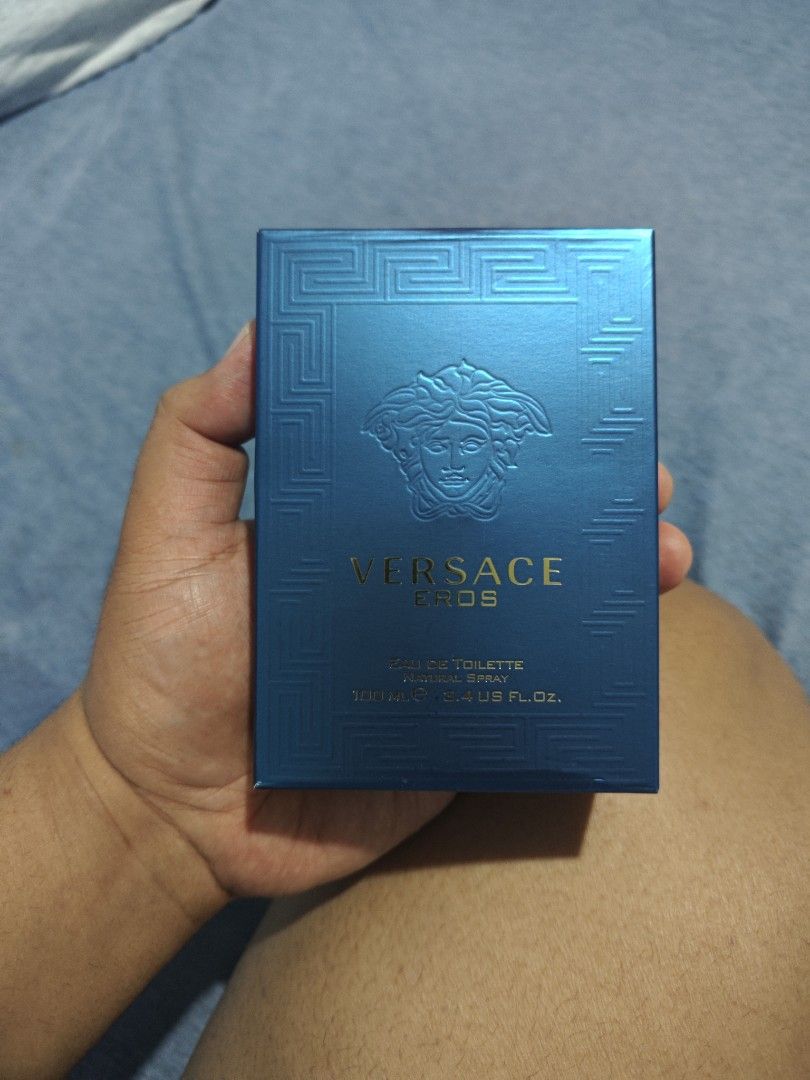 Versace Eros Eau de Toilette 100ml (Category: Fragrance & Deodorants) located in Manila. Submitted by hhebaccnt1 (Listing ID 1465844480, Image 1). Description: - Authentic Versace Eros Eau de Toilette - Size: 100ml bottle - Signature vibrant blue bottle and box with gold lettering - Features the iconic embossed Medusa logo - Classic, bold men's fragrance - Fast shipping from a trusted Carousell seller.