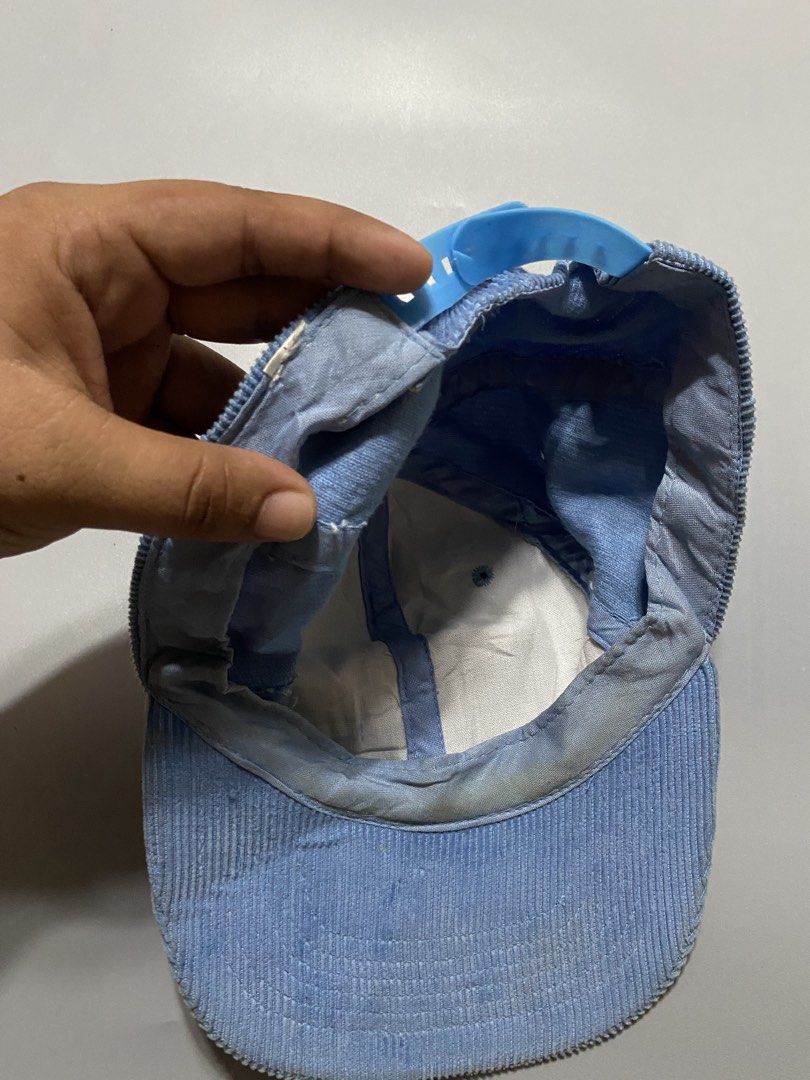 Vintage Keystone Blue Corduroy Snapback Cap (Category: Caps & Hats) located in Manila. Submitted by delunakenn94368 (Listing ID 1465904221, Image 3). Description: - Style: Casual streetwear / vintage aesthetic - Material: Light blue corduroy with white inner lining and sweatband - Design: Embroidered Keystone logo in red and light blue - Closure: Adjustable plastic snapback - Condition: Minor wear and slight fading around the brim from regular us