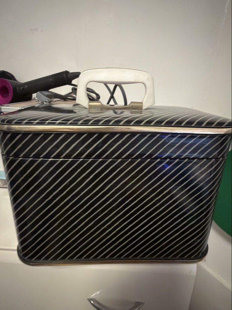 Vintage Striped Sewing Box with Contents (Category: Craft Supplies & Tools) located in Quezon City. Submitted by bdtzzz3 (Listing ID 1465800414, Image 1). Description: - Vintage black and white striped design with gold trim and white plastic handle - Includes various sewing supplies: threads, elastic tape, scissors, needles, and buttons - Lid features a built-in pincushion and handy mirror - Solid and sturdy build, perfect for organizing your sew