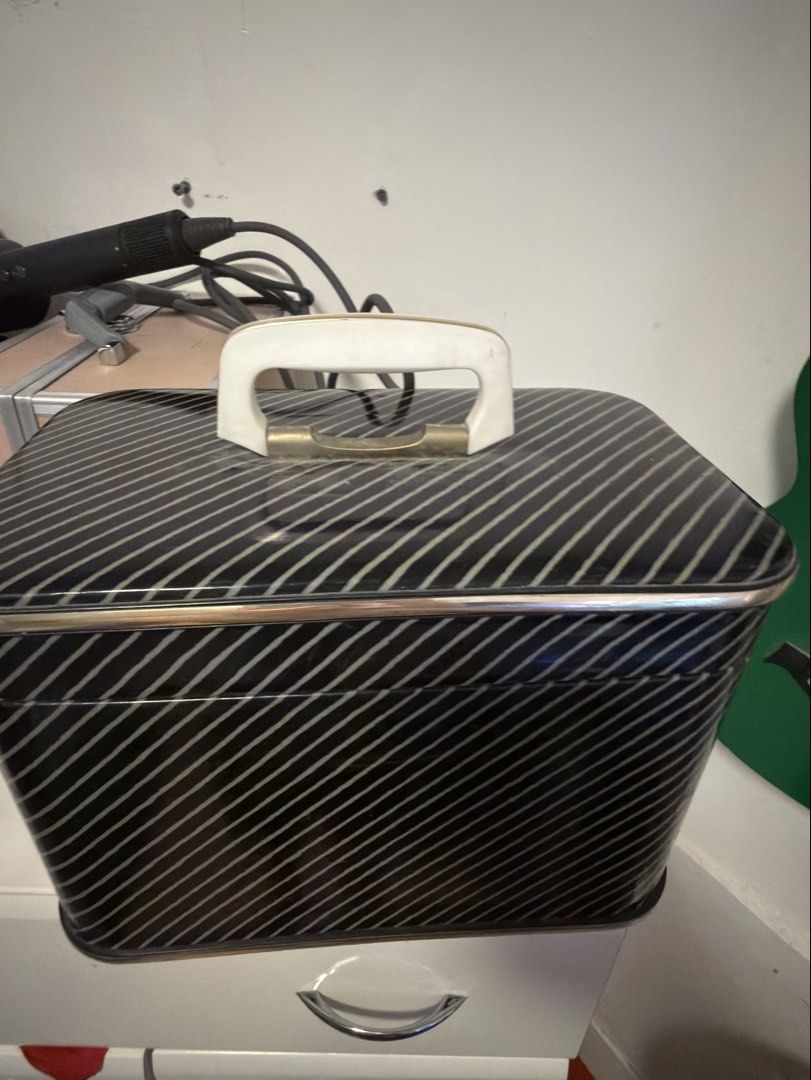 Vintage Striped Sewing Box with Contents (Category: Craft Supplies & Tools) located in Quezon City. Submitted by bdtzzz3 (Listing ID 1465800414, Image 2). Description: - Vintage black and white striped design with gold trim and white plastic handle - Includes various sewing supplies: threads, elastic tape, scissors, needles, and buttons - Lid features a built-in pincushion and handy mirror - Solid and sturdy build, perfect for organizing your sew