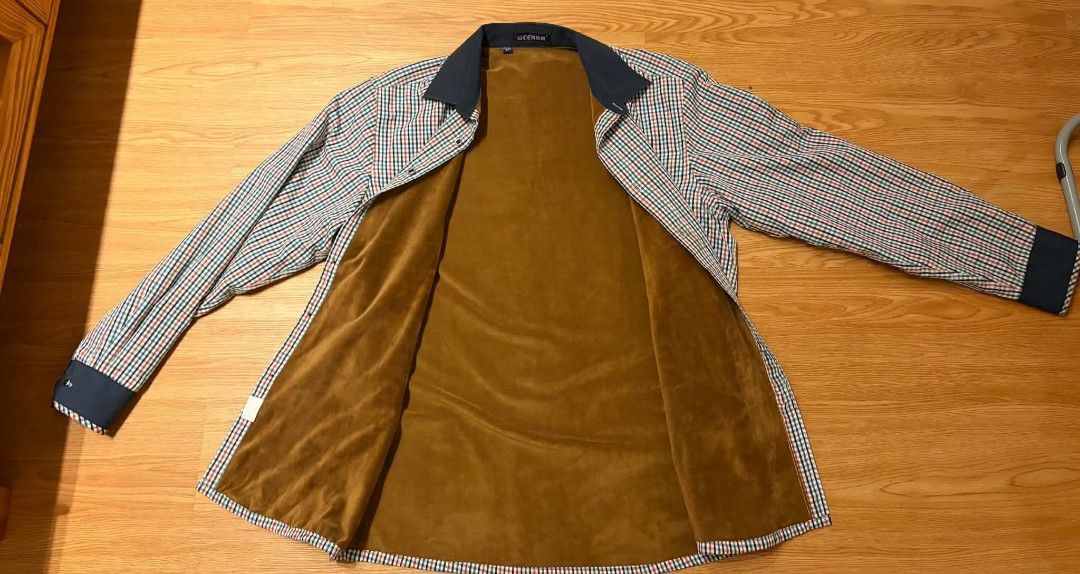 Americana Workwear Plaid Checkered Suede Lining Jacket Size 41 (Category: Coats, Jackets and Outerwear) located in Manila. Submitted by calmdog_65b9b9 (Listing ID 1465848122, Image 2). Description: - Brand: QIDEN - Design: Multi-color plaid check pattern (red, blue, green, white) with solid navy blue collar and cuffs - Lining: Soft brown thermal fleece inside for extra warmth - Details: Button-down front with unique patterned buttons - Size: 175/