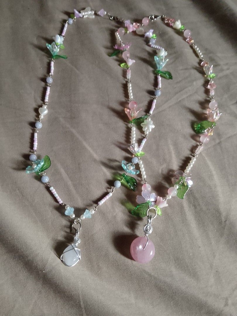 whimisical crystal necklace ✨ (Category: Handmade Craft) located in Abucay. Submitted by idontlikemondays (Listing ID 1465953561, Image 1). Description: necklaces made with love. ❤️ real crystals inside. ✨ 🌹 rose quartz for love 🩵 blue lace agate for peaceful communication pm me for more inquiries. limited stocks only.