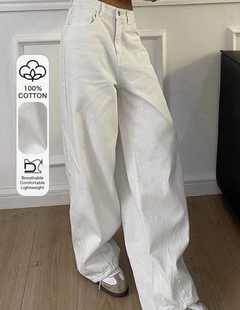 White 100% Cotton Wide Leg Jeans (Category: Jeans) located in Bulacan. Submitted by mersain (Listing ID 1465945475, Image 1). Description: - Style: White denim pants in a relaxed wide-leg fit - Material: 100% breathable, comfortable, and lightweight cotton - Rise: High-waisted with front button closure and belt loops - Pockets: Standard back pockets - Versatility: Clean neutral shade that matches everything in your wardrobe.