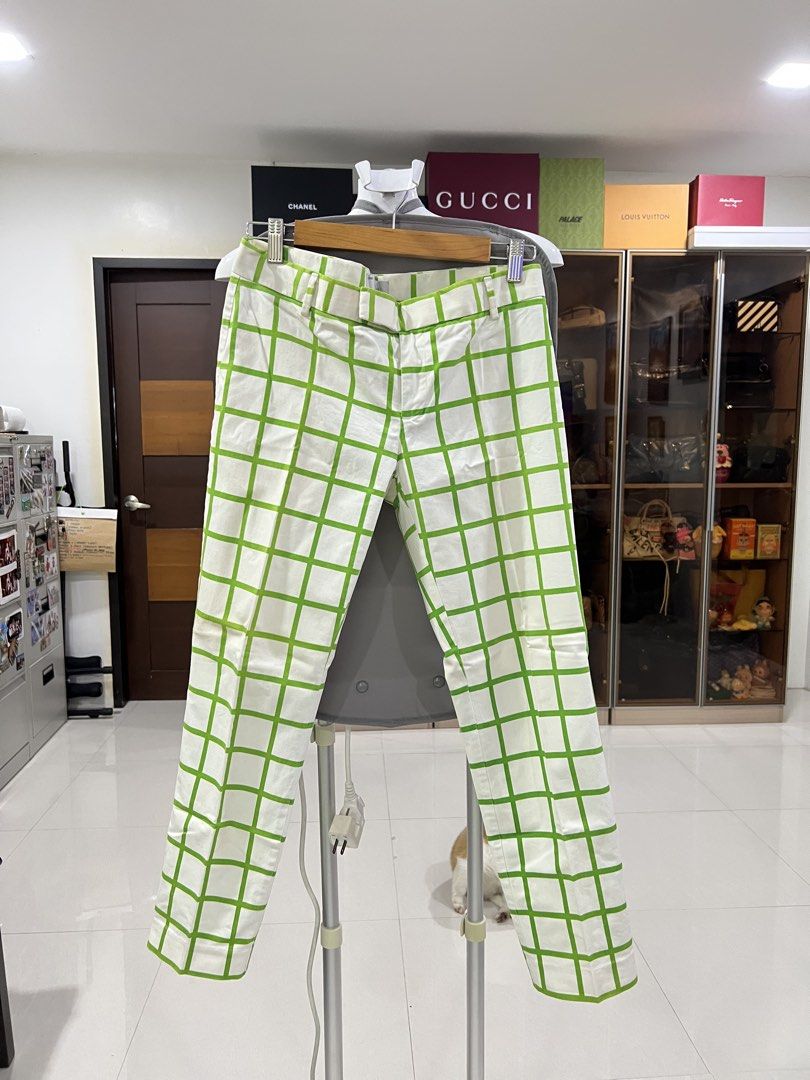 White Green Grid Checkered Trousers Pants (Category: Trousers) located in Manila. Submitted by imprincessg888 (Listing ID 1465857821, Image 1). Description: - Color: White with bright green windowpane grid pattern - Fit: Slim straight leg, mid-rise - Features: Belt loops, clean fabric - Condition: Well cared for, excellent pre-loved condition - Style: Standout casual bottoms.