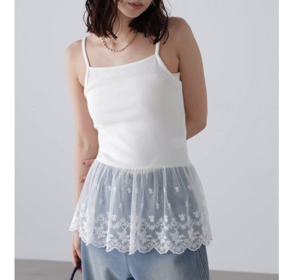 White Lace Cami Top with Mesh Ruffle Hem (Category: Sleeveless) located in Binan City. Submitted by declutterbyjwy (Listing ID 1465714517, Image 3). Description: bust: 32-36" | waist: 24-28 | length: 21" - perf for layering or solo - adjustable strap - cotton fabric - good as new, never used & no stains/flaws ps. last photo is inspo only.