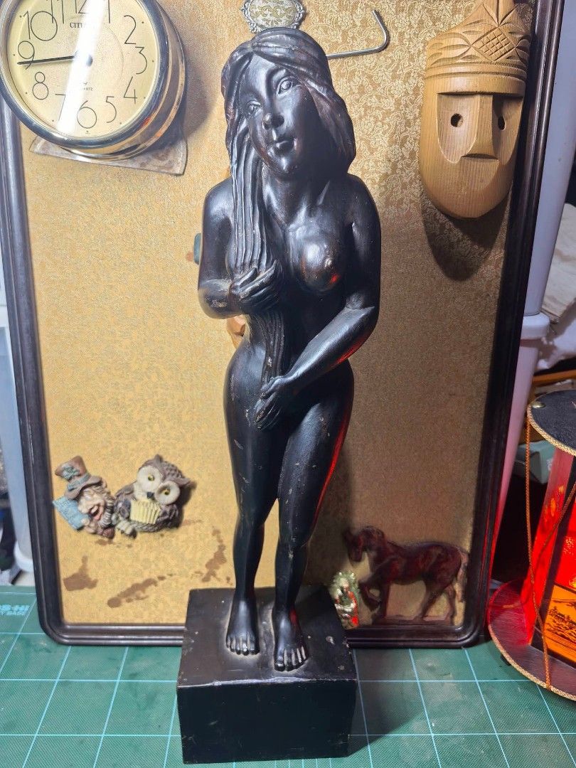Wood Carving Figurine - Solid Heavy Wood (Category: Other Home Decor) located in Cebu City. Submitted by dudes_villanueva (Listing ID 1465912706, Image 1). Description: Wood Carving Figurine - Woman 📌 Dark-stained or hardwood carved female figure standing on a rectangular wooden block base, with smooth flowing hair and hands held near the front. 📌 In excellent condition. Exact age and reference not found. Possible Vintage or older. 📌 Solid hea