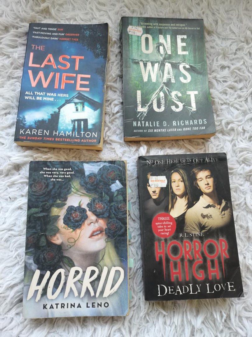 YA Thriller and Horror Paperback Books Bundle (Category: Storybooks) located in Manila. Submitted by geminibibo (Listing ID 1465820258, Image 1). Description: YA Thriller & Horror Book Bundle (4 books). Includes The Last Wife, One Was Lost, Horrid, and Horror High Deadly Love. Books show minor shelf wear on edges and corners. Perfect for thriller fans looking for a great read Take all for the price of ₱250.