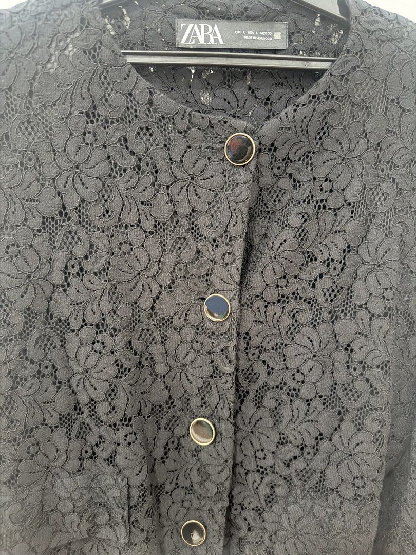Zara black lace jacket L (Category: Coats, Jackets and Outerwear) located in Makati City. Submitted by nmvs1 (Listing ID 1465769881, Image 2). Description: Zara black lace light jacket Large Worn once good as new condition.
