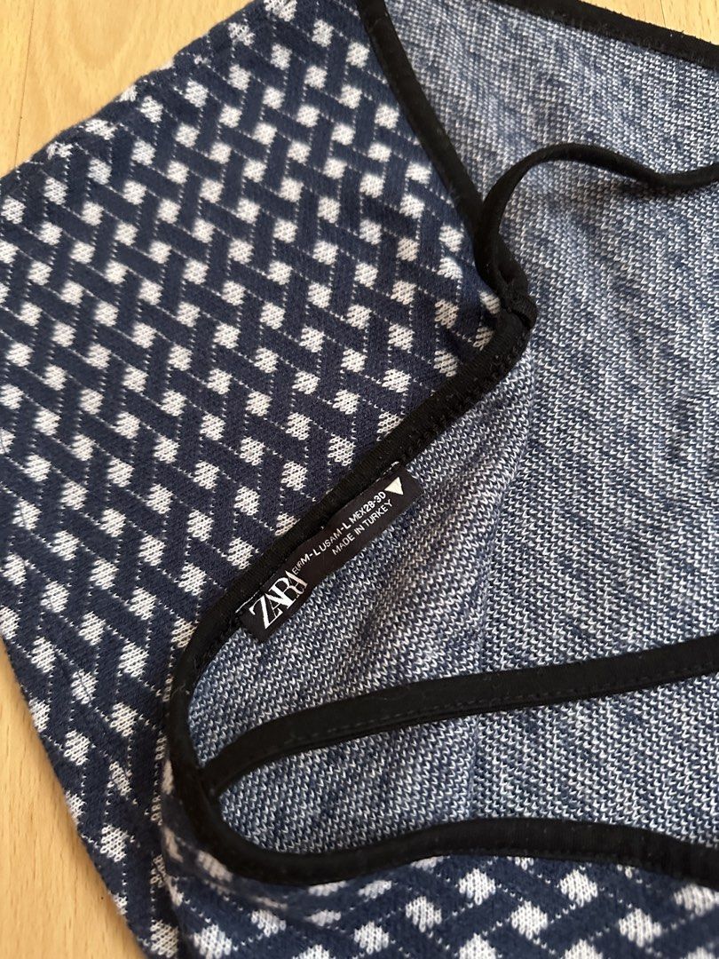 Zara Blue White Pattern Knit Crop Top Size L (Category: Sleeveless) located in Cavite. Submitted by _mariposa.mnl (Listing ID 1465833880, Image 3). Description: - Brand: Zara - Size: L - Color/Pattern: Navy blue and white geometric basketweave - Details: Black contrast trim on neckline and straps, thin criss-cross spaghetti straps in back - Perfect condition! Very flattering.