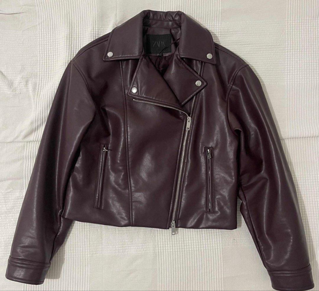 Zara Cropped Leather Jacket (Burgundy) (Category: Coats, Jackets and Outerwear) located in Manila. Submitted by rikascloset1220 (Listing ID 1465886371, Image 2). Description: Used once only. Still in brand new condition’.