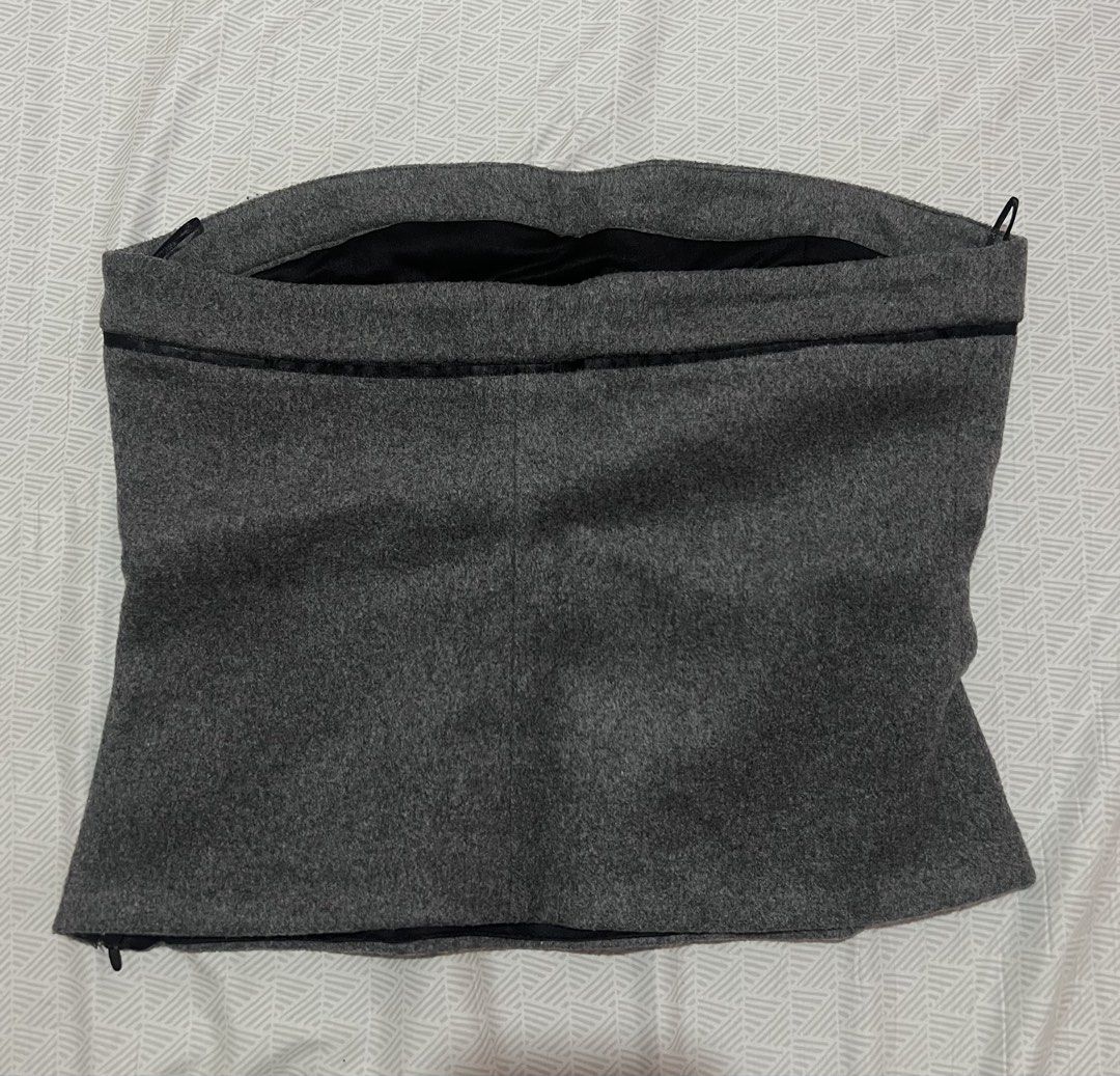 Zara Grey Wool Tube Top Size M (Category: Sleeveless) located in Manila. Submitted by kaceylgt (Listing ID 1465922788, Image 2). Description: - Brand: Zara - Size: M (Made in Morocco) - Material: Grey wool-blend, fully lined inside in black - Details: Cute black bow at the front neckline - Closure: Convenient side zipper - Condition: Clean inside and out, smoke-free home.